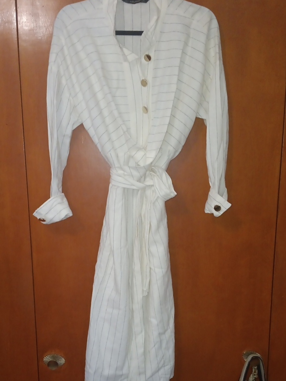 Zara White Pinstripe Long Sleeve Shirt Dress with Waist Tie